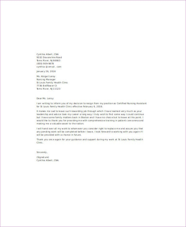 Cna Resignation Letter Examples Cover Letter abcatering