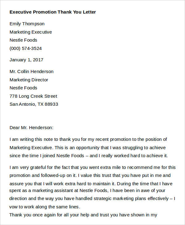 executive promotion thank you letter