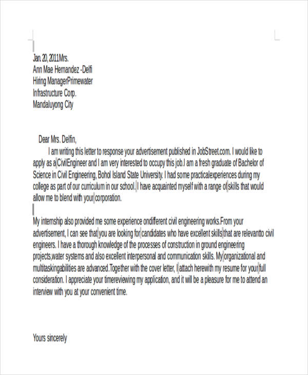 Application Letter Civil Engineering Graduate - Cover ...