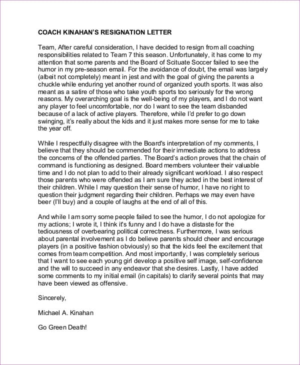 soccer coach resignation letter