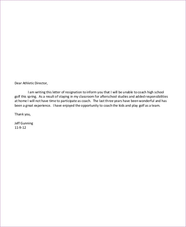 high school coach resignation letter