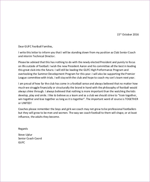 senior coach resignation letter
