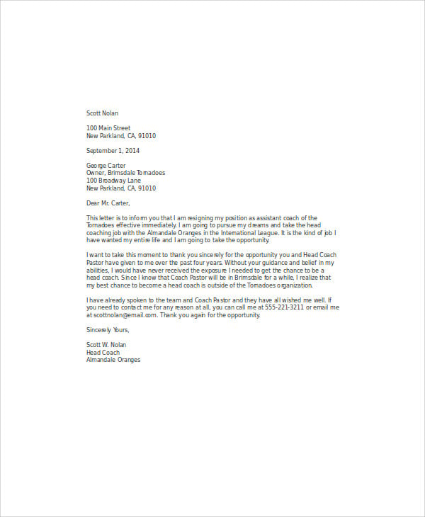 assistant coach resignation letter