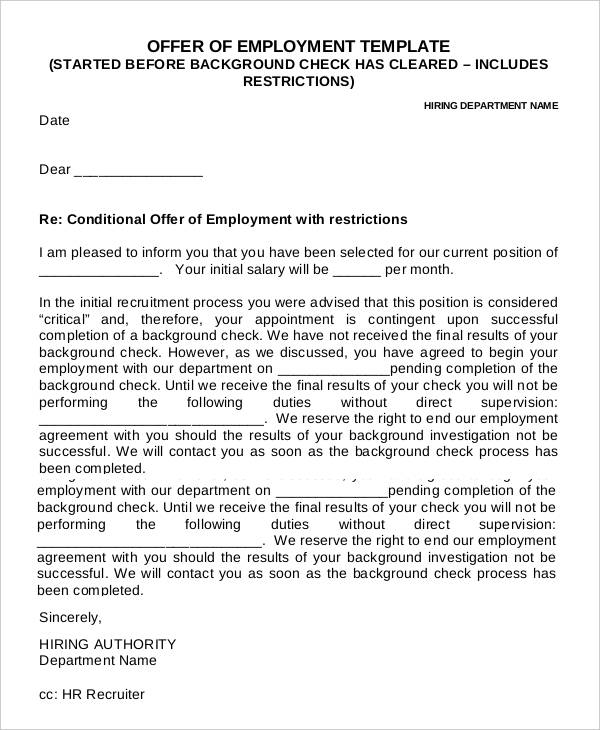 conditional employment offer letter