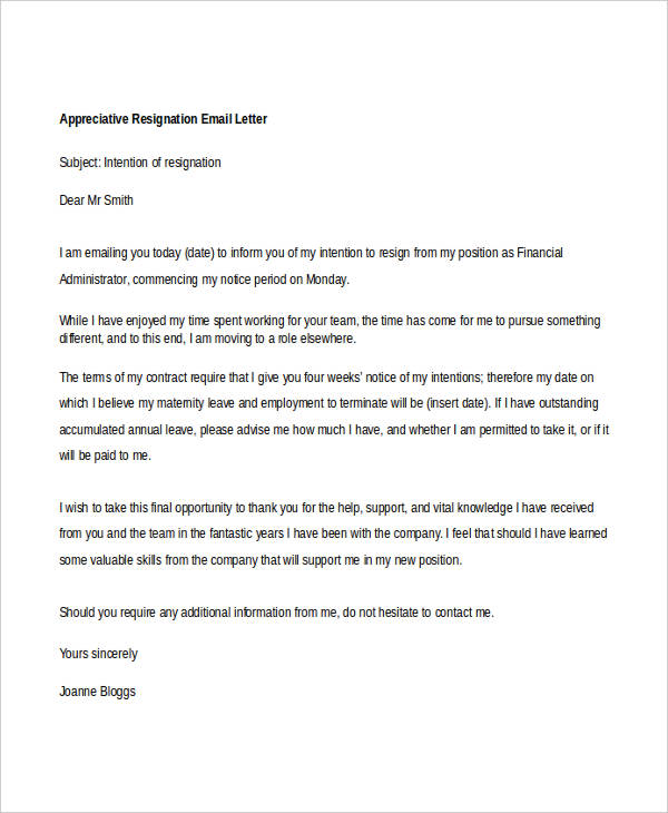 8+ Appreciative Resignation Letters Free Sample, Example Format Download