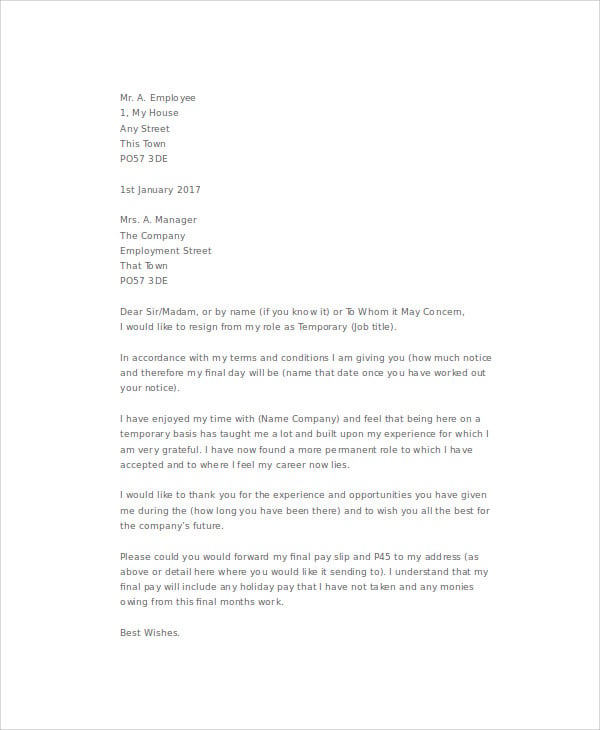 temporary job resignation letter example