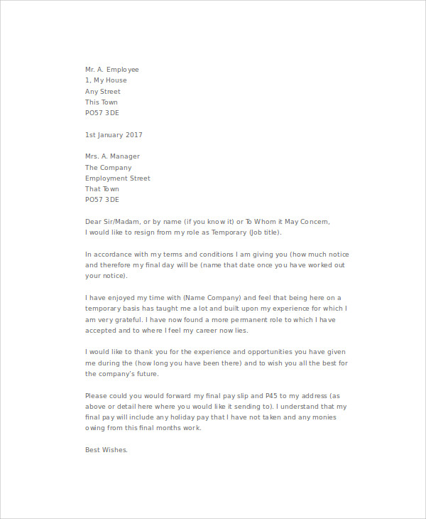 6+ Temporary Resignation Letters - Free Sample, Example Format Download