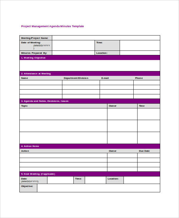 project management agenda minutes template