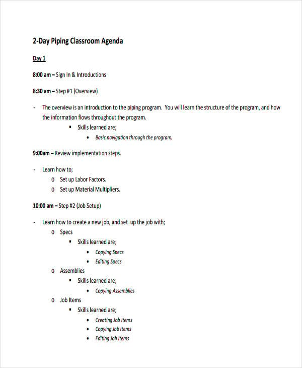 classroom agenda example in pdf