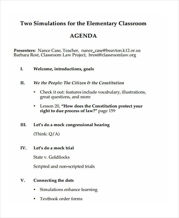 sample classroom agenda example