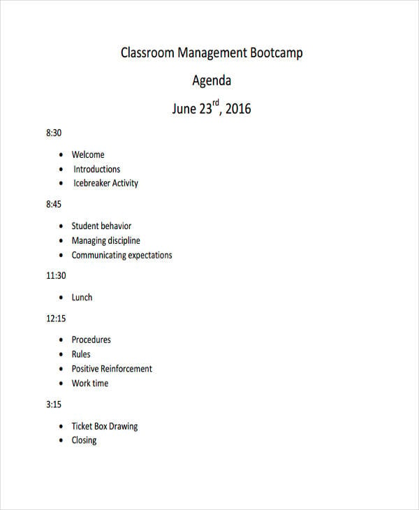 classroom management agenda example