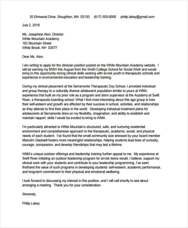 example of social work application letter