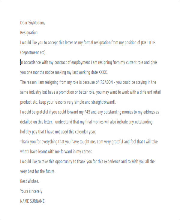 retail job resignation letter
