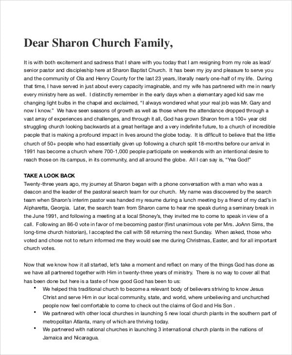 church pastor resignation letter