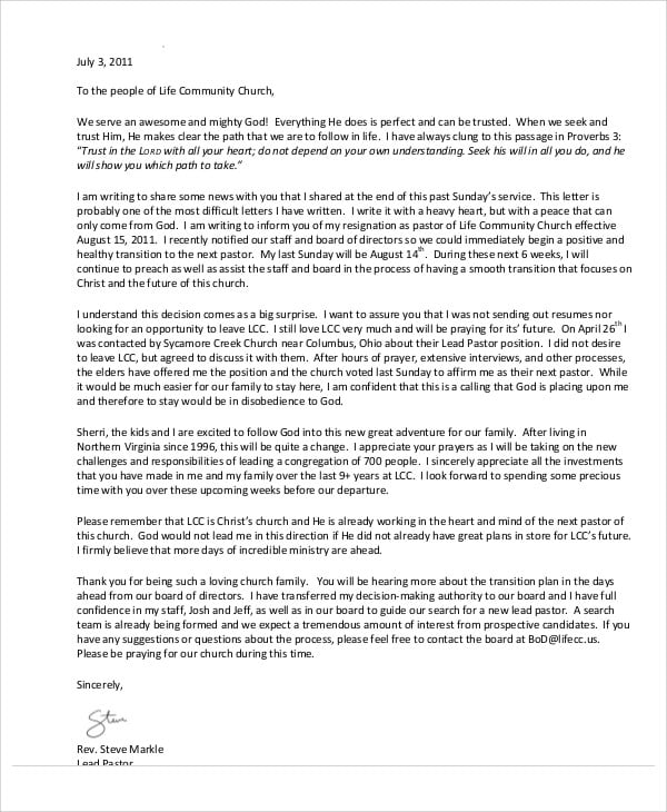 church resignation letter example