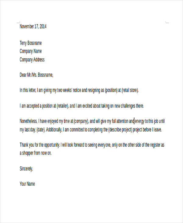 9+ Retail Resignation Letter Template - Sample, Example, Format Download