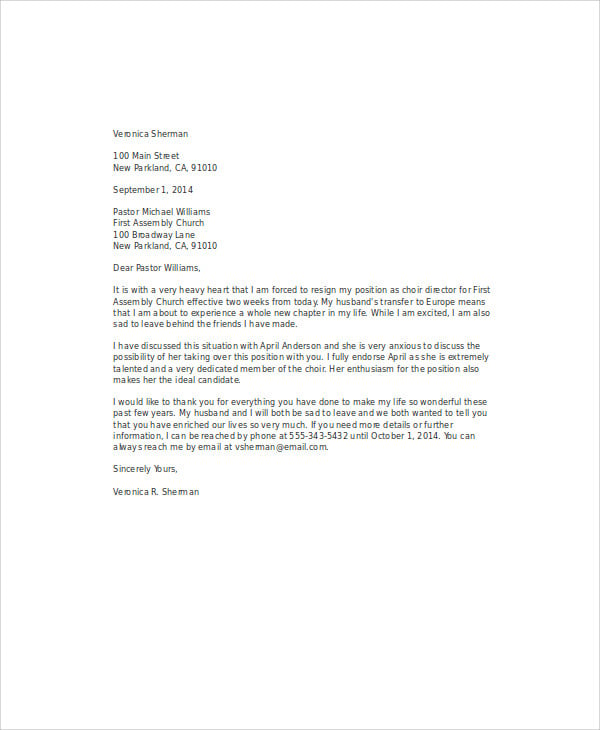 church resignation letter