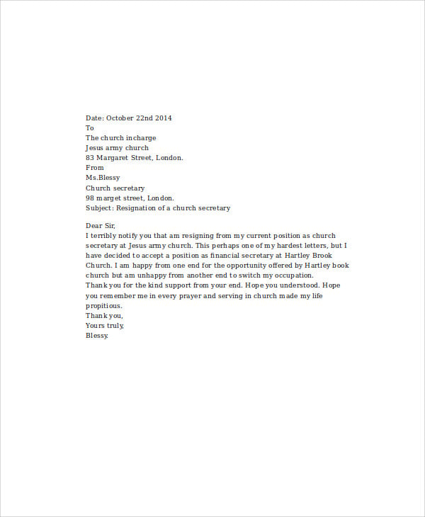 church secretary resignation letter