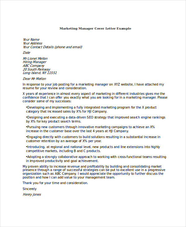 marketing manager cover letter example