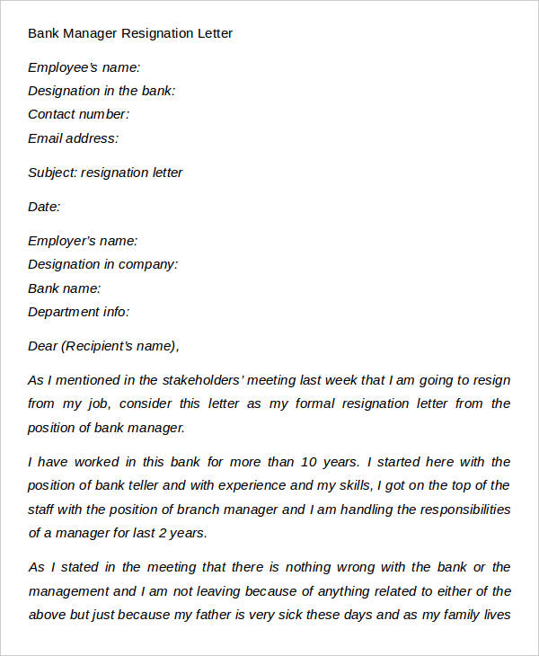 bank manager resignation letter