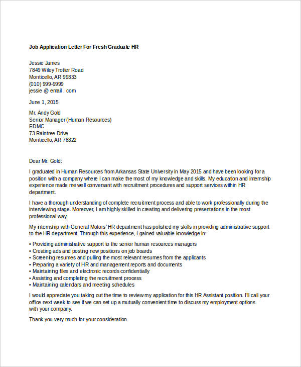 job application letter for fresh graduate hr