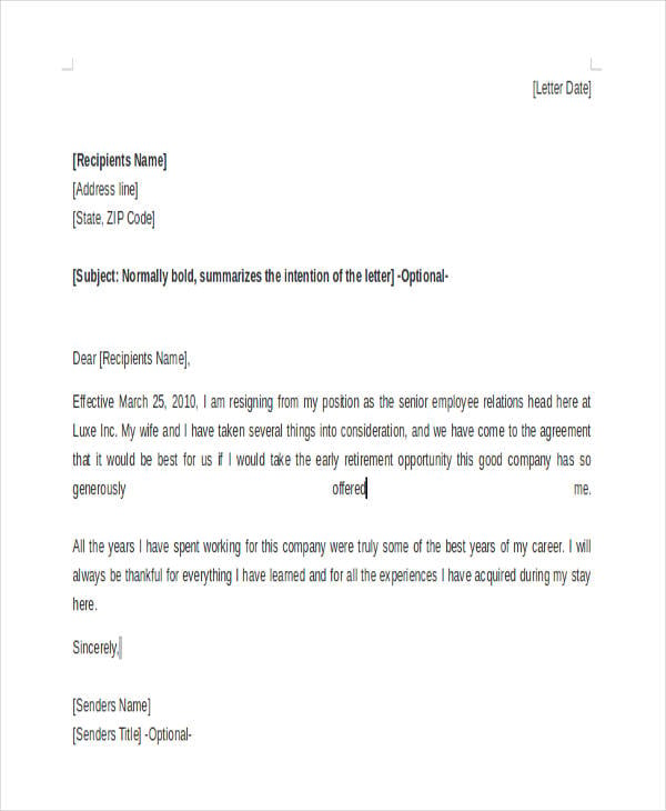 Sample Letter Of Resignation Due To Retirement from images.template.net