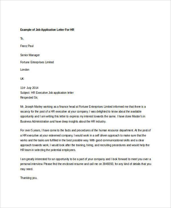 application letter to a company for a job