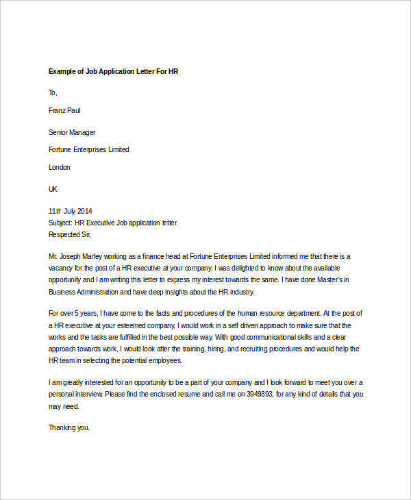 application letter for hr secretary