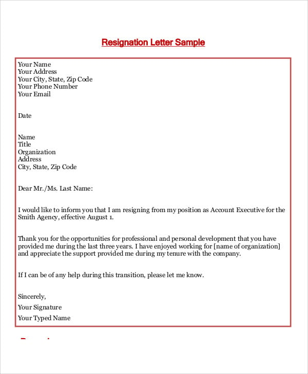 work resignation letter