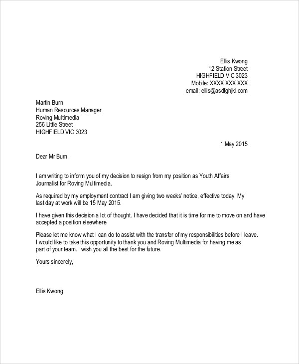 contract work letter of resignation