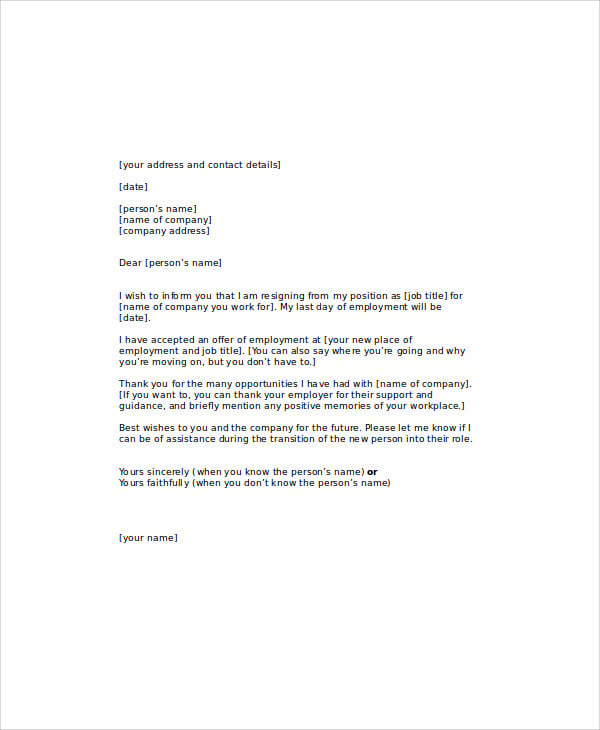 work thank you resignation letter