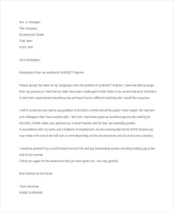 new teacher job resignation letter