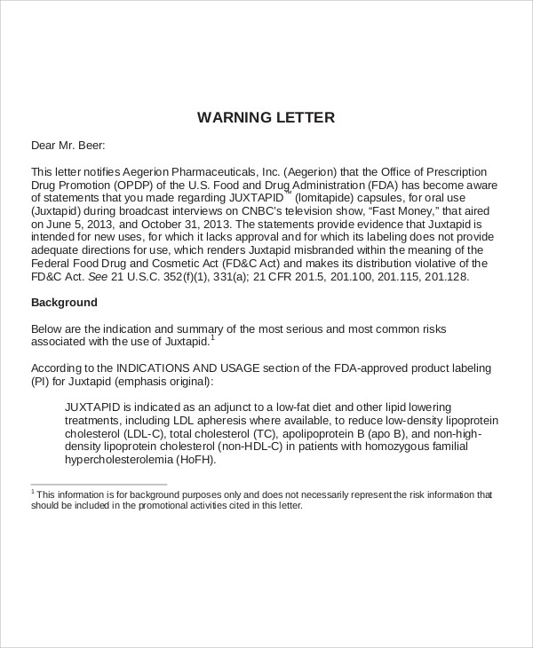 safety warning letter sample