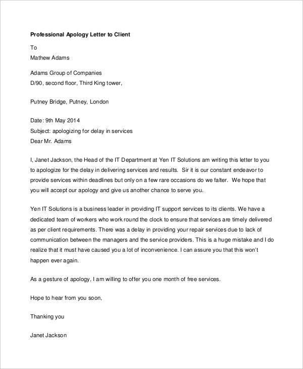 professional apology letter to client