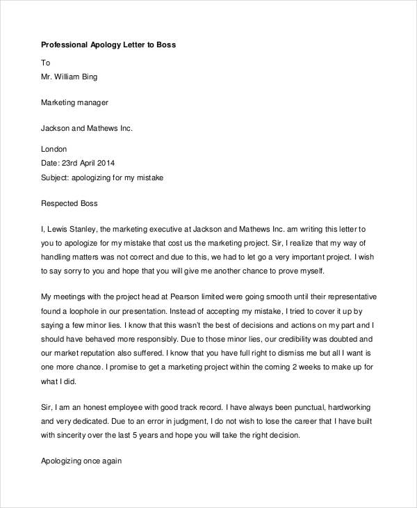 Professional apology letter for misunderstanding