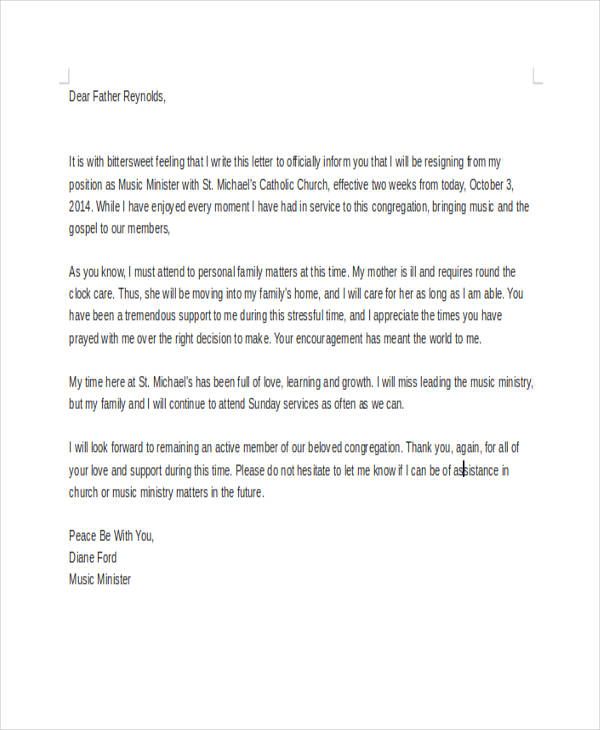 church resignation letter format