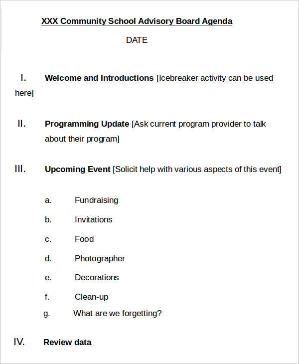 advisory board meeting agenda