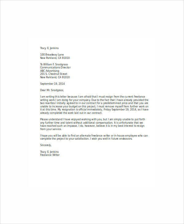 official independent contractor resignation letter