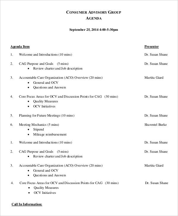 advisory board meeting agenda template