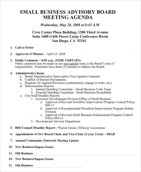 advisory board meeting agenda template