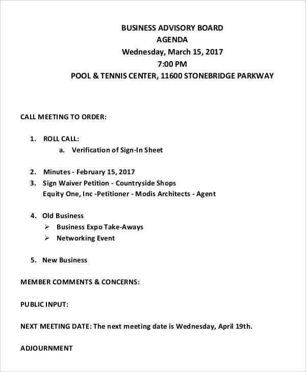 business advisory board meeting agenda