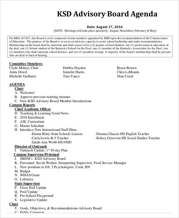 advisory board agenda in pdf