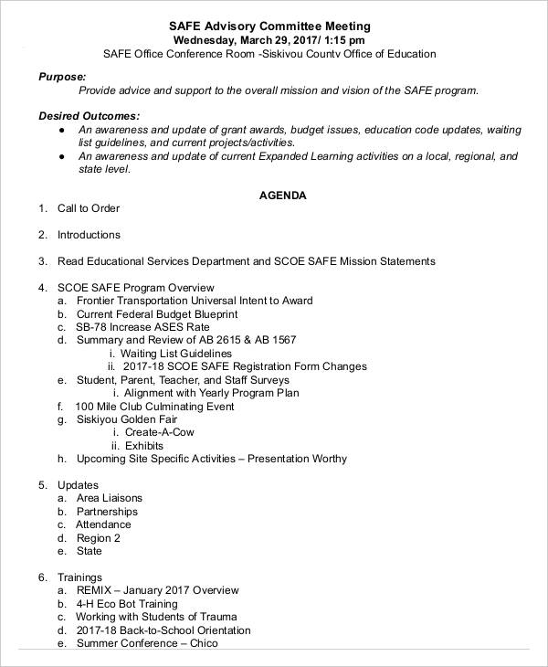 advisory board meeting agenda template