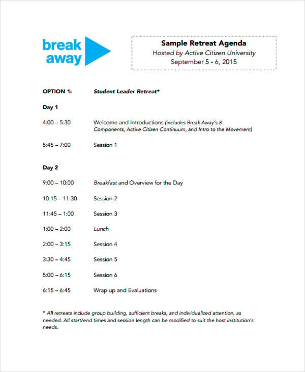 sample retreat agenda template
