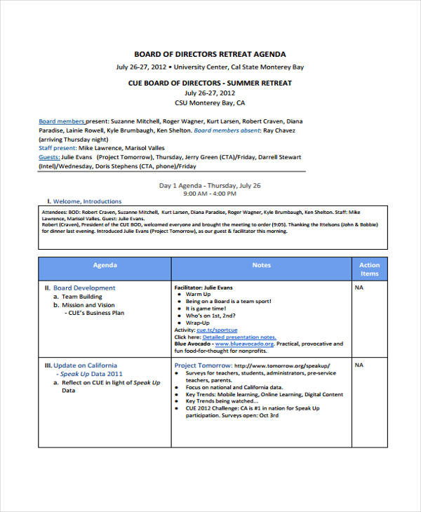 directors retreat agenda template