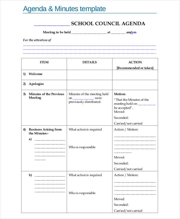 sample agenda minutes template