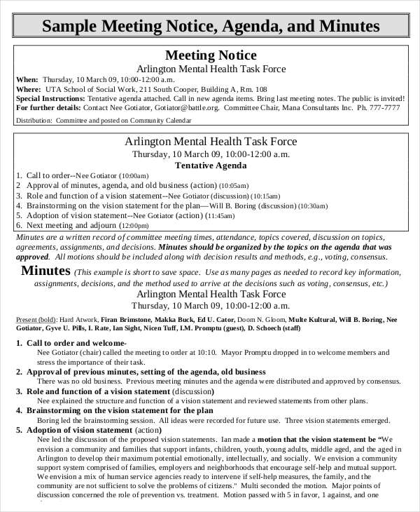 notice agenda minutes template