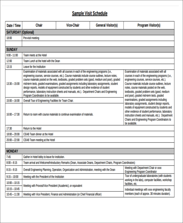 site visit schedule format