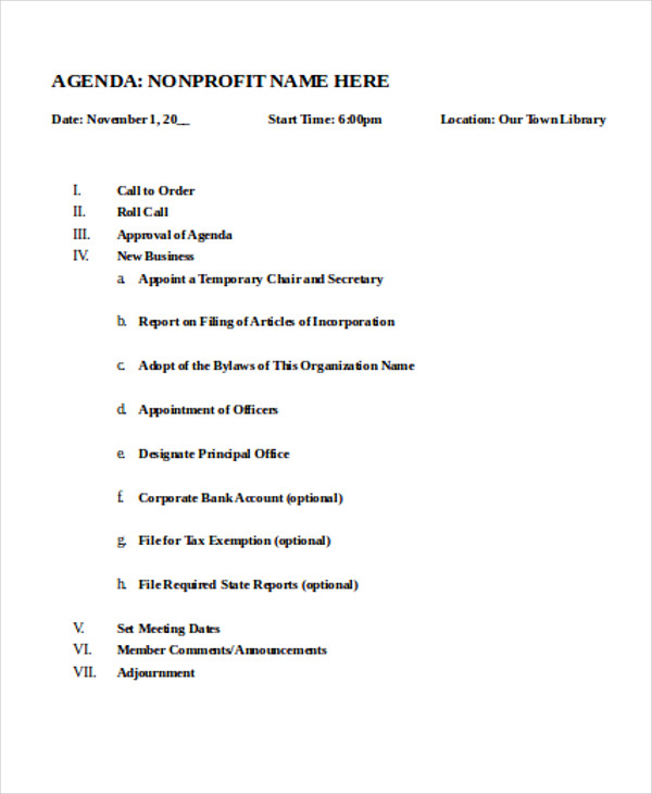 Free Nonprofit Board Meeting Agenda Template