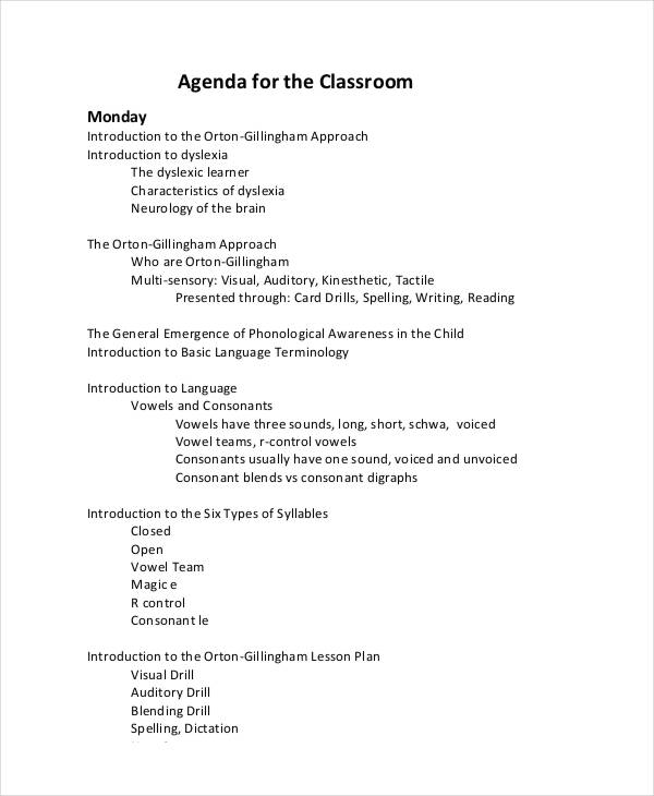 classroom daily agenda